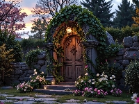 Różowe, Schody, Mur, Drzwi, Białe, Rośliny, Drzewa, Latarnia, Kwiaty