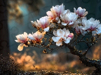 Bonsai, Krzew, Magnolia, Różowe, Grafika AI, Kwiaty