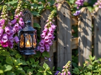 Lampion, Różowe, Płot, Naparstnica, Kwiaty
