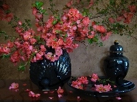 Różowe, Granatowa, Porcelana, Kwiaty