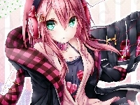 Różowe włosy, Dziewczyna, Słuchawki, Anime