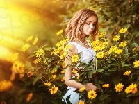 Rudbekia, Żółte, Słońca, Kobieta, Kwiaty, Promienie