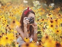 Rudbekie, Aparat, Tło, Dziewczyna, Fotograficzny, Rozmyte