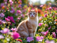 Kolorowe, Rudo-biały, Kot, Kwiaty