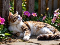 Płot, Kot, Leżący, Rudo-biały, AI, Kwiaty