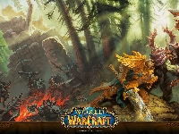 Ogień, Gra, Walka, Plakat, Las, World of Warcraft, Postacie, Ruiny, Orki, Rycerze