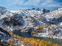 Rzeka, Ośnieżone, Góry, Drzewa