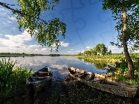 Łódki, Lato, Białoruś, Rzeka, Drzewa