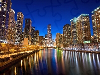 Drapacze chmur, Chicago, Rzeka, Noc, Miasto