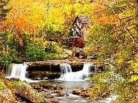 Rzeka, Jesień, Młyn, Wodospad