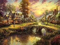 Domy, Reprodukcja obrazu, Rzeka, Most, Thomas Kinkade