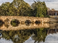 Rzeka, Kajak, Wieś, Most, Drzewa
