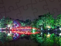 Drzewa, Hanoi, Wietnam, Rzeka, Noc, Mostek