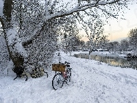 Rzeka, Park, Śnieg, Rowery