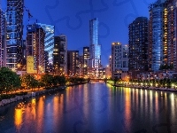Rzeka, Chicago, Noc, Wieżowce