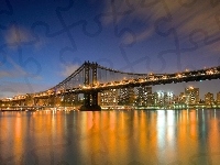 Brookliński, Manhattan, Nocą, Nowy Jork, Miasto, Most, USA, Rzeka