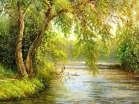 Rzeka, Malarstwo, Obraz, Drzewa