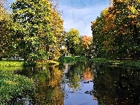 Rzeka, Jesień, Park, Odbicie