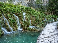 Rzeka, Plitwice, Chorwacja, Park Narodowy Jezior Plitwickich, Pomost, Wodospady
