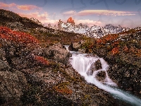 Rzeka, Patagonia, Argentyna, Góra, Kaskada, Roślinność, Skały, Fitz Roy, Jesień