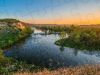 Rzeka, Wzgórza, Wschód, Słońca, Las