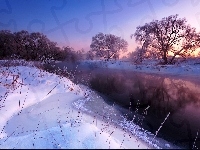 Rzeka, Śnieg, Zachód, Słońca, Drzewa