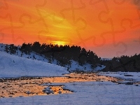 Rzeka, Śnieg, Zachód, Słońca, Lasy