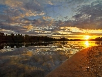 Rzeka, Zachód, Słońca, Plaża