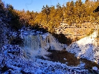 Rzeka, Skały, Wodospad, Śnieg