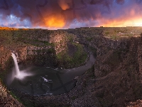 Skały, Stany Zjednoczone, Zachód słońca, Chmury, Rzeka, Stan Waszyngton, Wyżyna Kolumbii, Palouse River, Palouse Falls, Wodospad