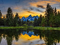 Park Narodowy Grand Teton, Drzewa, Wyoming, Stany Zjednoczone, Odbicie, Góry, Teton Range, Zachód słońca, Snake River, Rzeka