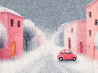 Drzewa, Domy, Różowe, Samochód, Grafika AI, Zima