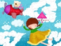 Samolot, Dziecko, Misiu, Parasol