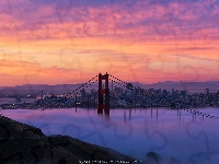 Stany Zjednoczone, Most Golden Gate, Kalifornia, Wschód słońca, San Francisco, Cieśnina Golden Gate, Mgła