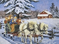 Śnieg, Zima, Sanie, Malarstwo