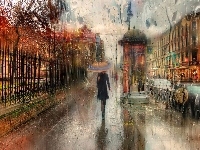 Kobieta, Sankt Petersburg, Ulica, Rosja, Deszcz, Parasol
