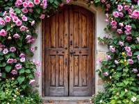 Różowe, Drzwi, Drewniane, Ściana, Kwiaty, Pnące