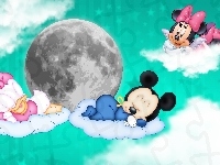 Niebo, Księżyc, Mickey, Dla dzieci, Grafika, Minnie, Chmury, Daisy, Sen