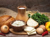 Ser, Jedzenie, Kompozycja, Chleb, Cebula, Jajka, Pietruszka, Mleko, Papryka