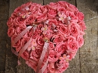 Serce, Różowe, Róże, Wstążki