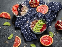 Kiwi, Miseczki, Grejpfruty, Serweta, Granat, Owoce, Nasiona