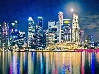 Singapur, Chmur, Nocą, Drapacze, Księżyc, Miasto