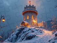 Wieża, Zima, Oświetlona, Skała