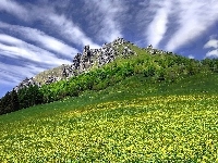 Skały, Góra, Chmury, Łąka