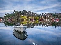 Gmina Eigersund, Domy, Drzewa Morze, Łódka, Norwegia, Rogaland, Skały