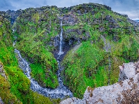 Góry, Wodospad Hangandifoss, Kanion Mulagljufur, Omszałe, Islandia, Skały
