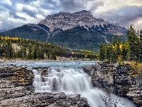 Park Narodowy Jasper, Rzeka Athabasca, Skały, Drzewa, Kanada, Góry, Wodospad Athabasca Falls