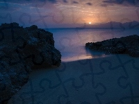 Skały, Słońca, Ocean, Plaża, Zachód