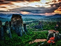 Skały, Meteora, Zachód, Słońca, Klasztor