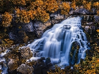 Skały, Ontario, Kanada, Inglis Falls, Jesień, Pożółkłe, Liście, Wodospad, Drzewa